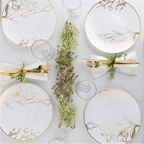 [9'' Plates 40 Count] White Plastic Floral Design Party Dinner Plates With Gold Rim Premium heavyweight Elegant Disposable Tableware Dishes - Image 6
