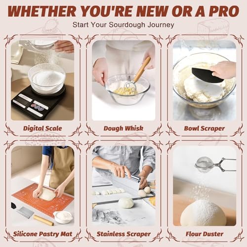 EWFEN Sourdough Starter Kit with Enamel Cast Iron Pot, Complete Sourdough Bread Baking Supplies, Round & Oval Bread Proofing Basket with 34 Oz Starter Jar, Bread Making Tools Kit - Image 6