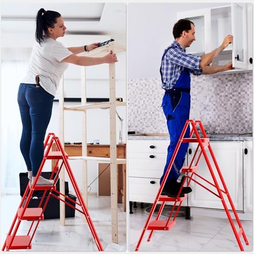 DIAMONDFORGE 4 Step Ladder, Folding Step Stool with Anti-Slip Wide Pedal, Soft Handle, Anti-Slip Feet, Sturdiest Steel Construction, 800lbs Capacity Steel Ladder for Home and Office, Red - Image 6