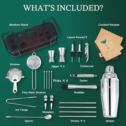 KITESSENSU Cocktail Shaker Set Bartender Kit with Stand | Complete 24-Piece Bar Set Cocktail Kit with All Bar Accessories: Martini Shaker, Jigger, Muddler | Drink Mixer Set for Home Bar Cocktails - Image 4