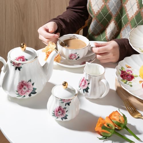 Sweejar Home Porcelain Tea Sets British Royal Series, 8 OZ Cups & Saucer Service for 6, with Teapot Sugar Bowl Cream Pitcher Teaspoons and Tea Strainer, Suitable for High Tea, Wedding, Party - Image 7