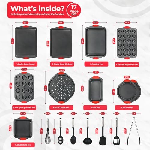 PERLLI Non-Stick 17-Piece Baking Pan Set, BPA-Free Carbon Steel Bakeware Set with Silicone Handles, Stackable Kitchen Oven Set, Cookie Sheet, Baking Tray, Baking Sheet Set, Utensils, Oven Safe (446°F) - Image 2