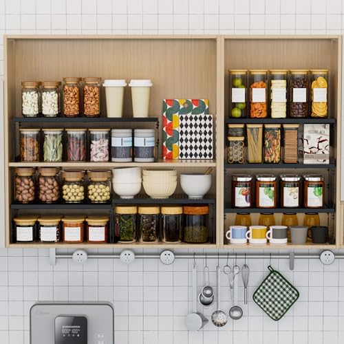 Stackable Expandable Metal Shelf Organizer - Adjustable Wire Storage Rack with Holes for Kitchen, Bathroom, Cabinet, Office - Space Saving, Durable & Sturdy Design（3PACKS/Large/Black - Image 5