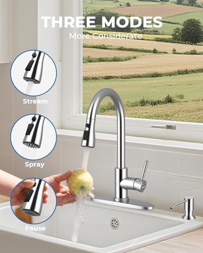 WEWE Kitchen Faucet with Soap Dispenser, Pull-Down Sprayer, Polished Chrome - Image 4