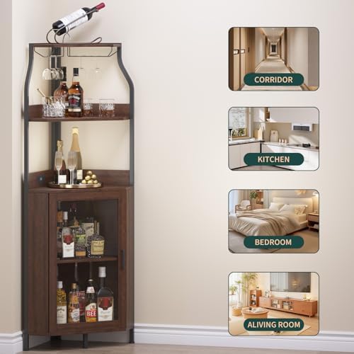 Garvee Corner Wine Bar Cabinet,5-Tier Farmhouse Corner Liquor Storage Cabinet with Barn Door,Glass Rack,Adjustable Shelves,Home Bar Storage for Dining Room,Kitchen,Living Room Rustic Brown - Image 6