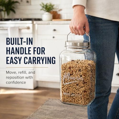 kitchentoolz Large 2 Gallon Glass Mason Jar with Big Airtight Metal Lid and Carry Handle – Wide Mouth Square Container with Measurements for Dry Goods, Bulk Storage, and Food Prep - Image 3