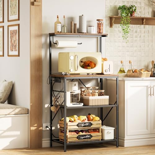 Huuger 4-Tier Bakers Rack with Reversible Power Outlet, 23.6 Inch Microwave Stand, Kitchen Coffee Bar, with Top Shelf, 6 S Hooks, Rustic Brown - Image 2