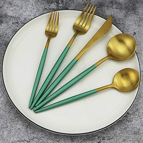 Green Handle Matte Gold Silverware, Gugrida 5-Piece 18/10 Stainless Steel Flatware Set, Kitchen Utensils, Tableware Travel Cutlery for Camping Office Lunch, Satin Finish, Dishwasher Safe - Image 4