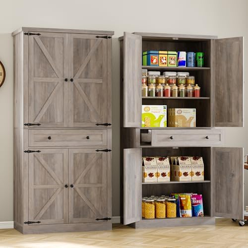 BORNOON Pantry Organizers and Storage Cabinet, 67.7” Barn Door Kitchen Cabinet with Drawers and Adjustable Shelf, Tall Pantry for Kitchen, Dining Room, Living Room Bedroom - Image 3