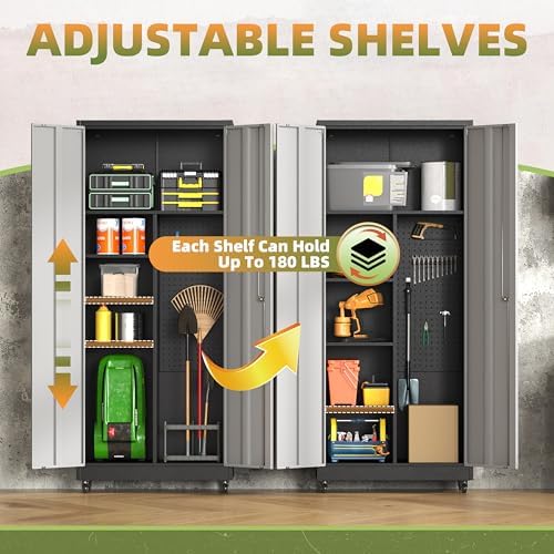 71''H Metal Garage Storage Cabinet with Wheels, Broom Cabinet with Lock - Image 4
