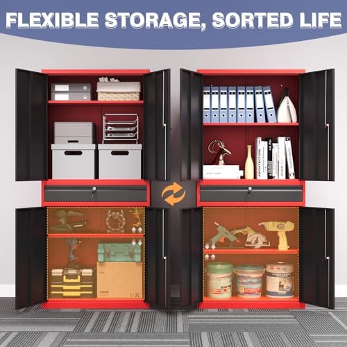 Metal Garage Storage Cabinet with Locking Doors and Drawer, 71" Steel Tool Storage Cabinet with Adjustable Shelves for Garage,Office,Warehouse (Red Black) - Image 6