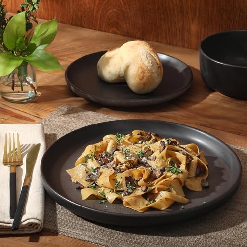Gibson Elite Pasco 12 Piece (Service for 4) Plates and Bowls Reactive Glaze Dishes Stoneware Ceramic Dinnerware Set - Black - Image 5