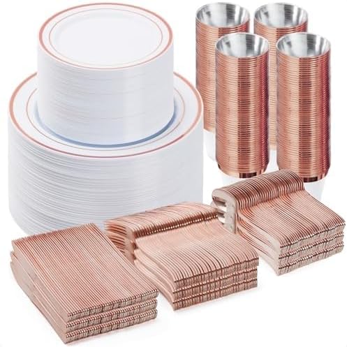 BESTVIP 600PCS Rose Gold Dinnerware Set for 100 Guests, Plastic Plates by Bestvip