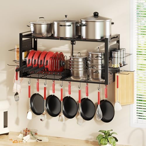 31 Inch Pot Rack Wall Mounted，3 in 1 Pots and Pans Organizer with 2 tier Kitchen Racks & Pot Lid Organizer Holder and 20 Hooks,Heavy Duty Hanging Pot Hanger for Kitchen Cookware, Utensils, Black - Image 3