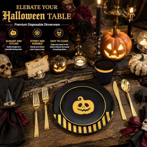 KIRE 25 Guest Halloween Plates Black Gold Plastic Plates Smiley Pumpkin include 50PCS Black &150PCS Gold Plastic Silverware&25PCS Clear Black Cups for Halloween Party - Image 6
