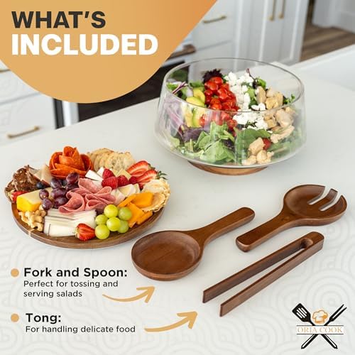 Large Glass Salad Bowl with Lid Set, 5.7 L Decorative Glass Mixing Bowl, Trifle and Serving Bowls with Lids as Cheese Charcuterie Board and Plate, Comes with Wood Serving Utensils - Image 2