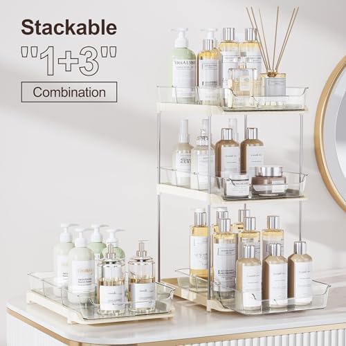 Delamu 2-Tier Multi-Purpose Bathroom Under Sink Organizers and Storage, Stackable Kitchen Pantry Organization, Pull Out Medicine Cabinet Organizer with Movable Dividers, Beige, 4 Pack - Image 3