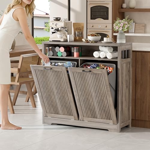 Pet-Proof Double 13 Gallon Tilt Out Trash Can Cabinet with Open Storage – Hide Garbage & Recycling Bins to Keep Your Kitchen Clean and Organized,Wood Grey - Image 2