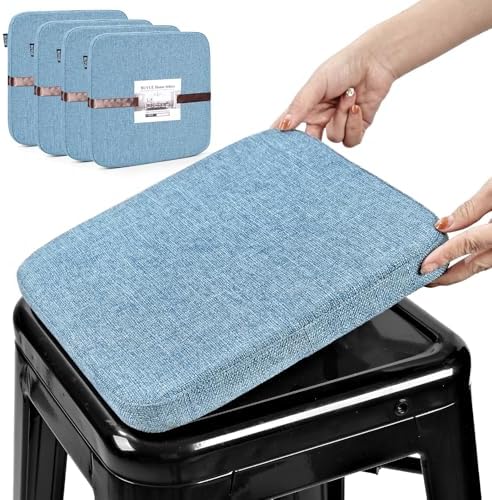 BUYUE Friendly Woven Fabric Magnetic Bar Stool Cushions Set of 4, Enhanced Anti-Slip Breathable Small Chair Seat Pads for Café Bistro Stackable Metal Stools (Square, Light Blue, 4 Counts) by BUYUE