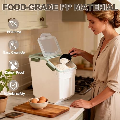 RUIAN Large Airtight Storage Container, 25lb Flour Rice Storage Containers Bin with Wheels Seal Locking Lid, with Measuring Cup&Scoop for Flour, Rice, Grain (Green, 2PCS) - Image 6