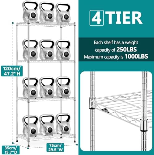 IZEUK 4-Tier Heavy Duty Steel Storage Shelves, Metal Shelf Wire Shelving Rack for Pantry, Kitchen, Home, or Office Organization (29.5" W x 13.7" D x 47.2" H, 1000LBS, Chrome) - Image 3