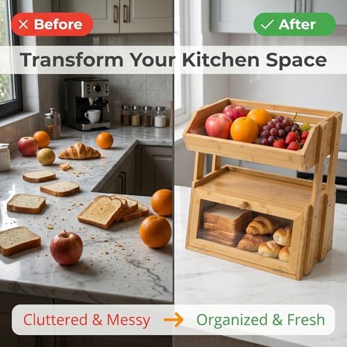 3-Tier Bamboo Bread Box for Kitchen Countertop with Fruit Basket - Image 5