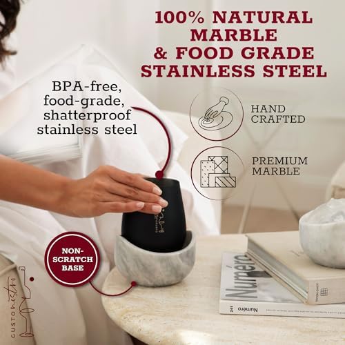 Gusto Nostro White Marble Wine Chiller for Glass and Stainless Steel Tumbler Set of 2 - Freezable Wine Glass Chiller Holder - Cool Set of Chillers and Stemless Metal Wine Tumblers for Home Bar (Black) - Image 5