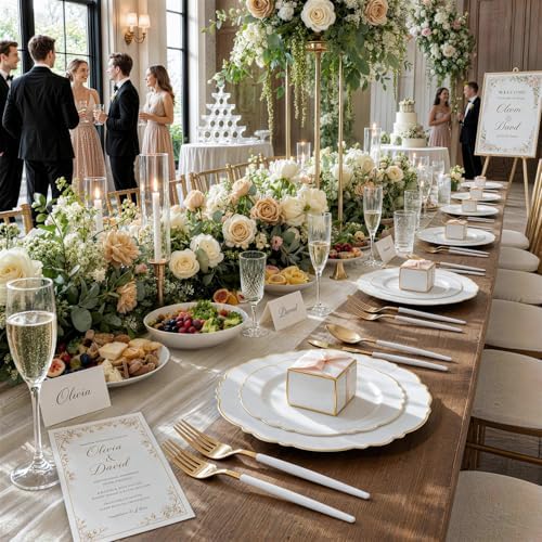WDF 30Guest Gold Plastic Plates - High-end Baroque Design - 10.25&7.5in Wedding White and Gold Plates Disposable for Birthday/Baby Shower/Wedding/Party/Thanksgiving - Image 3