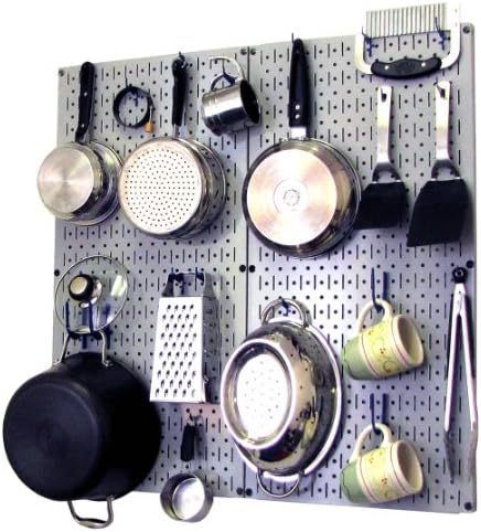 Wall Control Kitchen Pegboard Organizer Pots and Pans Storage Rack Organization Kit with Grey Pegboard and Blue Accessories by Wall+Control