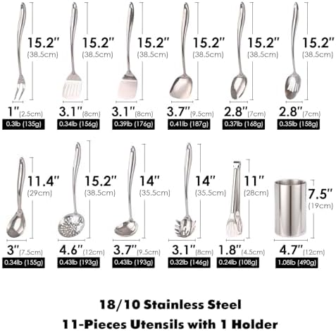 18/10 Stainless Steel Kitchen Utensils Set with Holder for Countertop - Image 2
