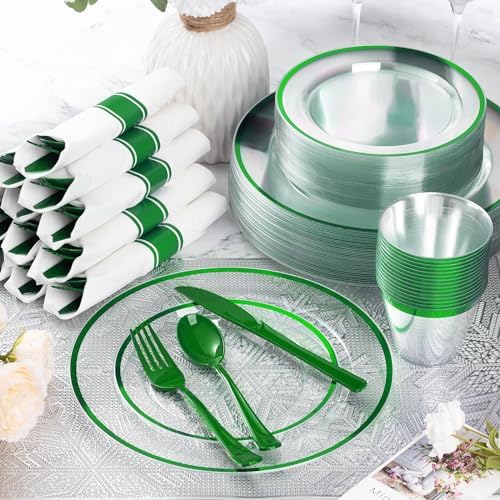 Goodluck 350 Pcs Clear Green Disposable Plastic Dinnerware Sets for 50 - Image 2