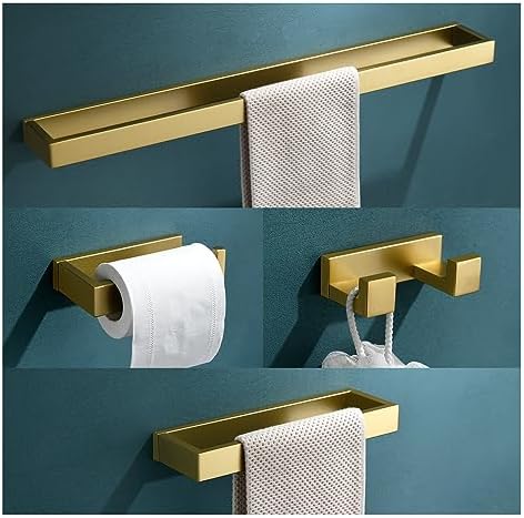 4-Piece Modern Gold Bathroom Hardware Accessories Set - Towel Bar & Holder, Stainless Steel, Wall Mounted, 23.6 Inch by TNOMS