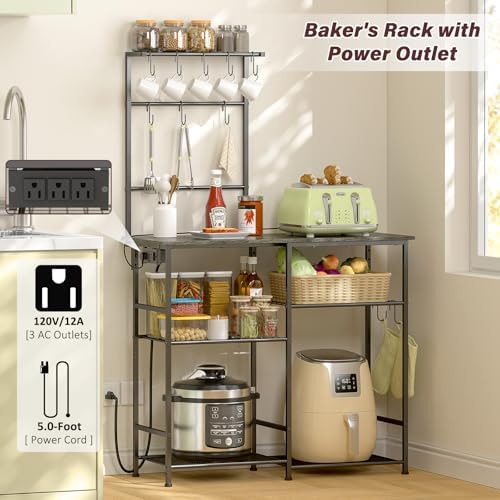 3IngSeagulls Bakers Rack with Power Outlet, Kitchen Microwave Stand with 10 S-shaped Hooks, 6-Tier Coffee Bar Station, Kitchen Storage Shelf Rack for Spices, Pots, Gray - Image 3