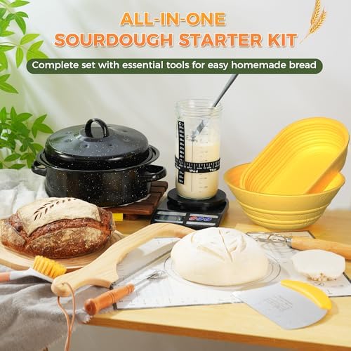 Sourdough Starter Kit for Beginners, 34 oz Starter Jar with Scale Marking, 2 Silicone Proofing Baskets, Complete Bread Baking Kit with Guide & Recipes, Easy to Use & Clean - Yellow - Image 5