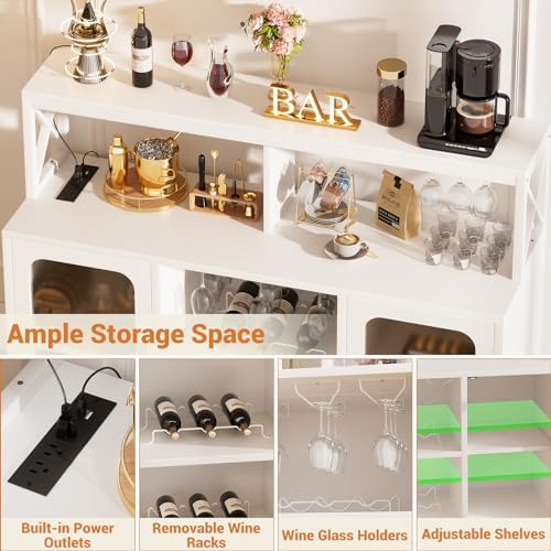 Aheaplus Bar Cabinet with Power Outlet, Liquor Cabinet with Led Lights and Glass Holders, Storage Buffet Cabinet Coffee Bar Cabinet for Liquor, Wine Cabinet with Racks for Home, Kitchen,-G2, White - Image 4