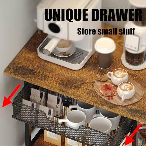 3 Tier Slim Rolling Coffee Cart with 2-Door & Pull-Out Wire Basket Drawer, Coffee Bar Cabinet on Lockable Casters, 32.7" H Microwave Cart with Storage for Home, Kitchen, Living Room (Rustic Brown) - Image 4