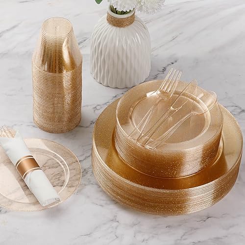 Goodluck 700 Piece Gold Glitter Plastic Dinnerware Set for 100 Guests - Image 3