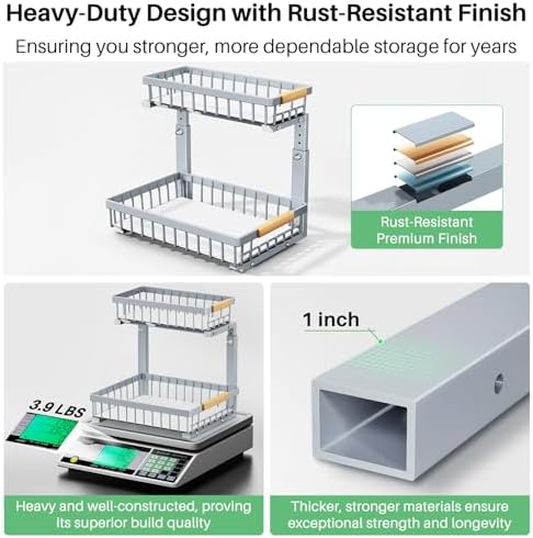 Kitstorack Under Sink Organizer, 2 Tier Under the Sink Storage, Slide out Pull out Cabinet Organizer Shelf, Metal Sliding Drawer for Kitchen Bathroom Pantry Closet Organization Rack, Grey, 2 Pack - Image 5