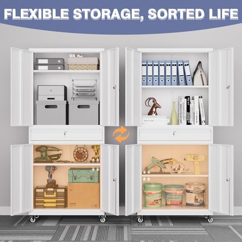 73" Metal Garage Storage Cabinet with Wheels， Rolling Tool Storage with Locking Doors， Adjustable Shelves and Drawer, Heavy Duty Steel Tool Cabinet for Garage, Warehouse, School(White) - Image 5