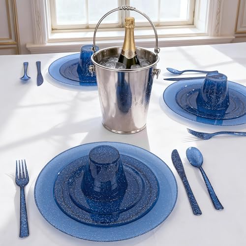 DaYammi 350PCS Cobalt Blue Glitter Plastic Dinnerware Set for 50 Guests - Image 5