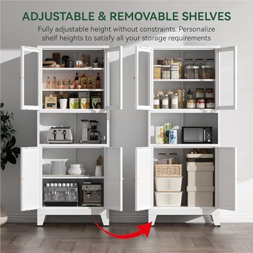 COFaR 69" Pantry Cabinet, Metal Storage Cabinet with 2 Glass Doors, White - Image 5
