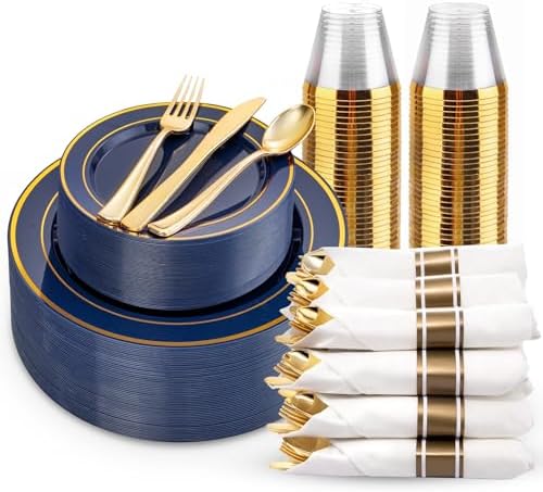 WDF Partyware 175PCS Blue and Gold Plastic Plates - Navy Blue Plates with Pre Rolled Napkins for Party - 25Guest Disposable Dinnerware Sets for Party/Birthday/Wedding by WDF