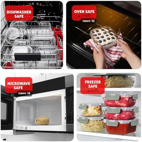 EATEX 24pc Glass Storage Containers with Lids, 12 Glass Food Storage Containers with 12 Airtight Lids for Pantry & Kitchen, Meal Prep Containers for Lunch, Oven Freezer Microwave & Dishwasher Safe - Image 4