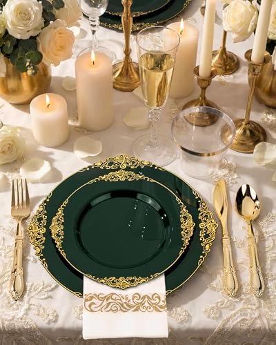 Morejoy 350 PCS Green Plastic Plates,Green Gold Plastic Dinnerware Sets - Image 3