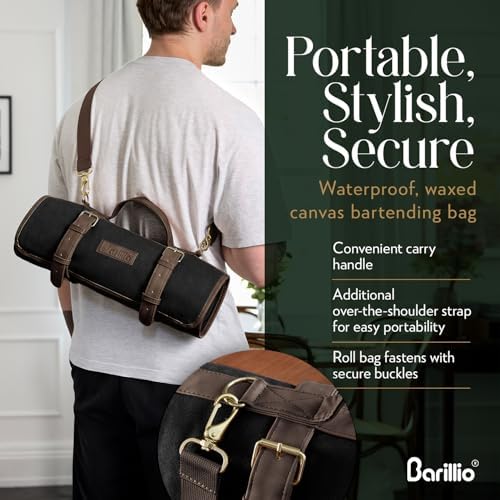 Barillio Bartender Bag (Without Tools) - Stylish, Waxed Canvas, Roll Up Traveling Bar Bag for Carrying Bar Tools and Cocktail Shaker Set with Shoulder Strap - Portable Travel Bartending Roll Black - Image 5