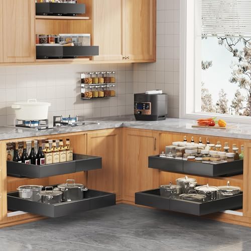 Seinloes 2 Pack Expandable Pull Out Cabinet Organizer 16.5"Deep With Raising Pad for Framed Cabinets,Upgrade 3 Slide Rails Slide Out Drawers,No Drill Roll Out Shelves,Adjustable Width 12.2"-20.4"Black - Image 6