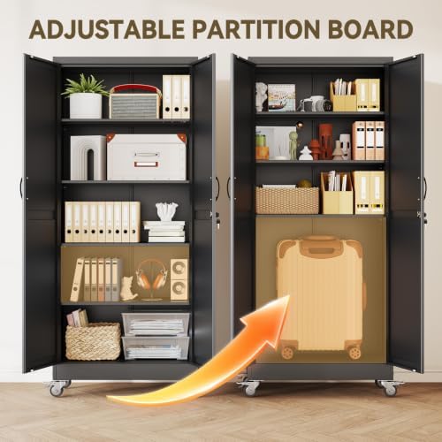 Metal Storage Cabinets with Wheels, Steel Tool Cabinets Lock Door and 4 Adjustable Shelves for Home Office, Garage, Kitchen (Black, 70.9" H) - Image 6