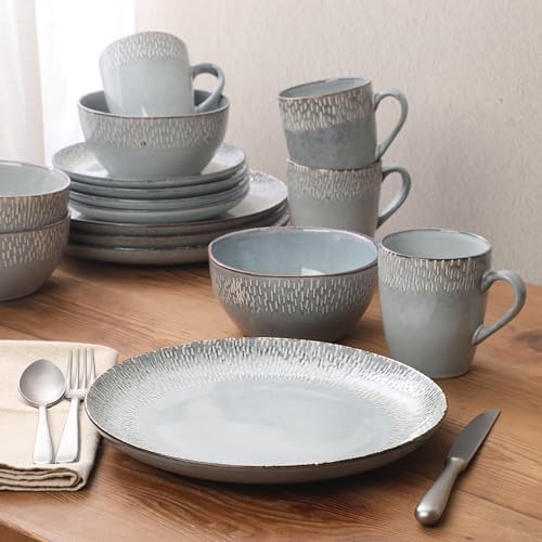Gibson Elite Jasper 16 Piece Plates and Bowls Reactive Glaze Dishes Stoneware Ceramic Dinnerware Set - Service for 4 - Grey - Image 6