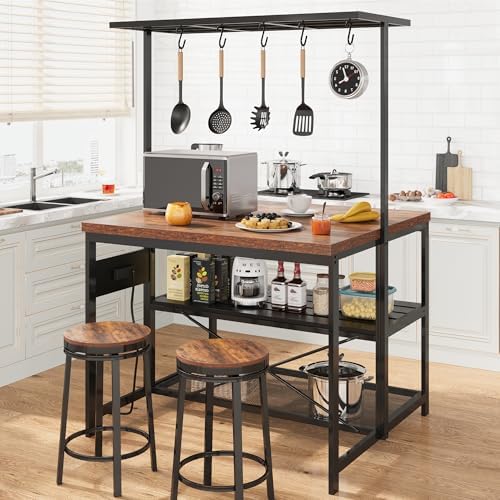 GarveeHome 47 in Kitchen Island with Power Outlet & Storage - Large Bakers Rack, Microwave Stand with 3-Tier Shelves & 5 Hooks for Pantry Organization - Image 2