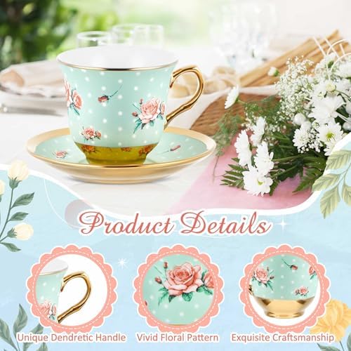 Teenyyou Set of 24 Tea Cups and Saucers, Vintage Style, 5.4 oz - Image 7